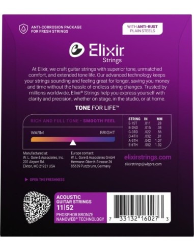 ELIXIR 16027 – Jeu de cordes folk Nanoweb Phosphor Bronze Custom Light 11-52 – photo complémentaire 2