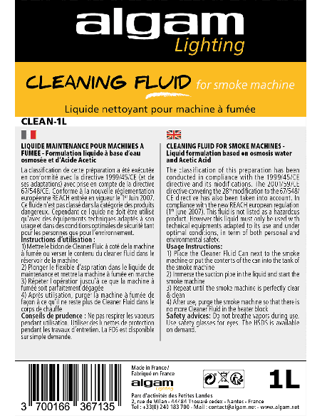 ALGAM LIGHTING CLEAN-1L – Liquide de nettoyage pour machines à fumée 1 litre – photo complémentaire 1