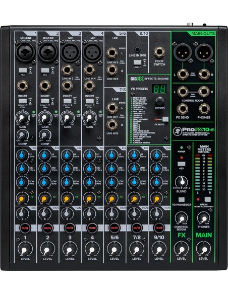 Mackie ProFX10v3 – Vue du dessus des entrées et réglages