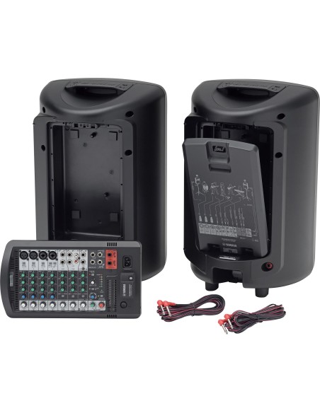 Yamaha STAGEPAS 600BT – compartiments arrière, mixeur amovible et câbles des enceintes