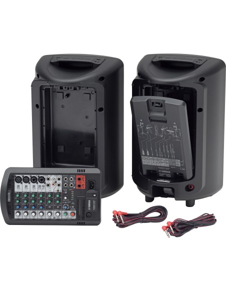 Yamaha STAGEPAS 400BT – compartiments arrière, mixeur amovible et câbles des enceintes